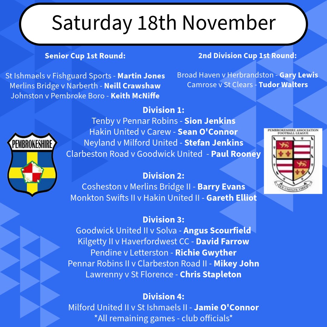 This weekends fixtures and match officials. We’re proud to have so many officials out in the middle - it’s becoming a weekly thing! <a href="/FAWales/">FA WALES</a> 
Tom Bevan featuring as Fourth Official on Friday night in the FAW Premier!