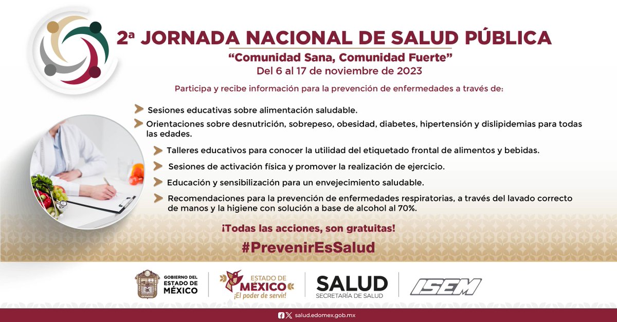 SaludEdomex's tweet photo. Del 6 al 17 de noviembre participa en la 2° Jornada Nacional de Salud Pública, las acciones son gratuitas, presenta tu Cartilla Nacional de Salud.
Asiste a tu unidad de salud más cercana y solicita más información.
#JNSP2023 https://t.co/LHA49IyKpU