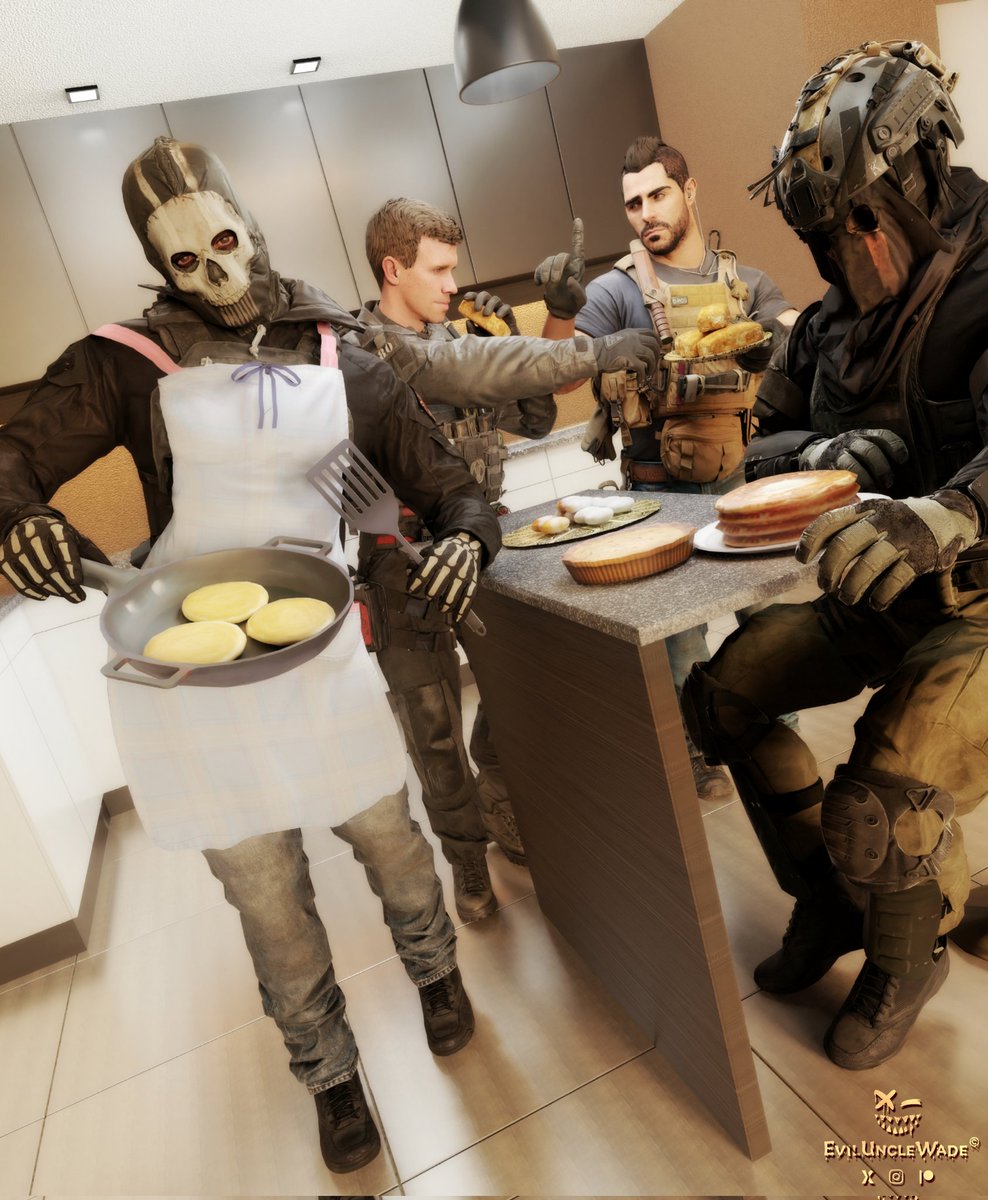 After seeing that one ad (from the official COD France I guess) where Ghost in the kitchen cutting onions, I couldn't stop thinking of him in the apron, being all housewife mama cooking for other soldiers lol 

#SimonGhostRiley #JohnSoapMactavish #phillipgraves #koenigmw2