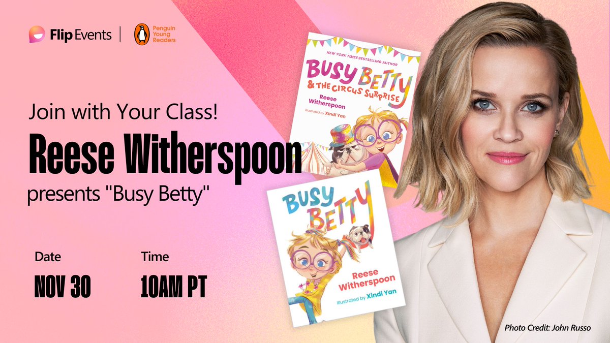 Don't forget to mark your calendar for our event with <a href="/PenguinClass/">Penguin Young Readers School & Library</a> and <a href="/ReeseW/">Reese Witherspoon</a> presenting her latest Busy Betty picture book, "Busy Betty and the Circus Surprise.” Creative fun awaits! 🎨📖 
 
Register your class for free: info.flip.com/en-us/events/r…