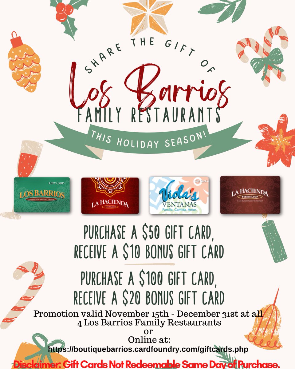 Give the gift of Los Barrios with our holiday gift card deal!! Starting TOMORROW!