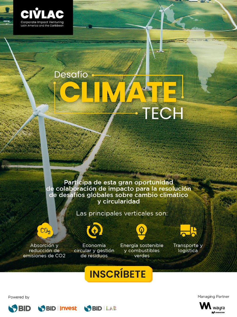 Si tu #startup desarrolla soluciones tecnológicas que podrían generar un impacto positivo en el combate al #CambioClimático o protección del #MedioAmbiente, participa en el desafío #ClimateTech. Conoce de qué se trata en civlac.com ! 
<a href="/wayrahispam/">Wayra Hispam</a> <a href="/el_BID/">Banco Interamericano de Desarrollo</a>