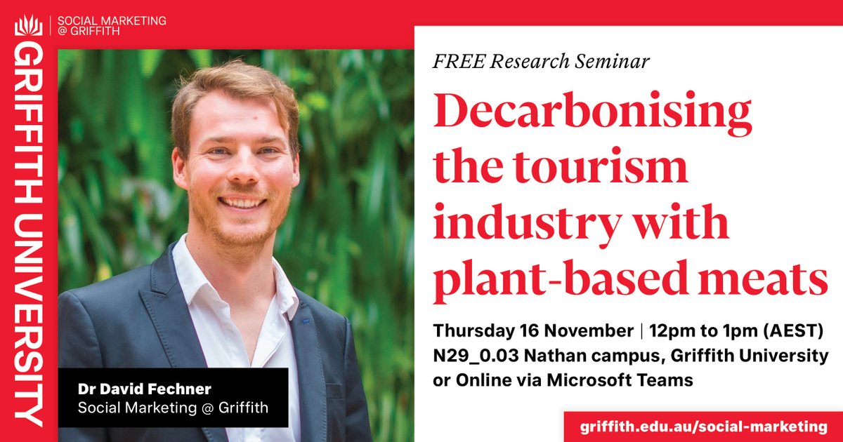 ✅ Registration is still open for our free research seminar tomorrow. Join Dr David Fechner as he discusses his latest research on leveraging novel proteins to create an environmentally sustainable tourism sector. For more details or to register 👉 events.griffith.edu.au/DkxPeb