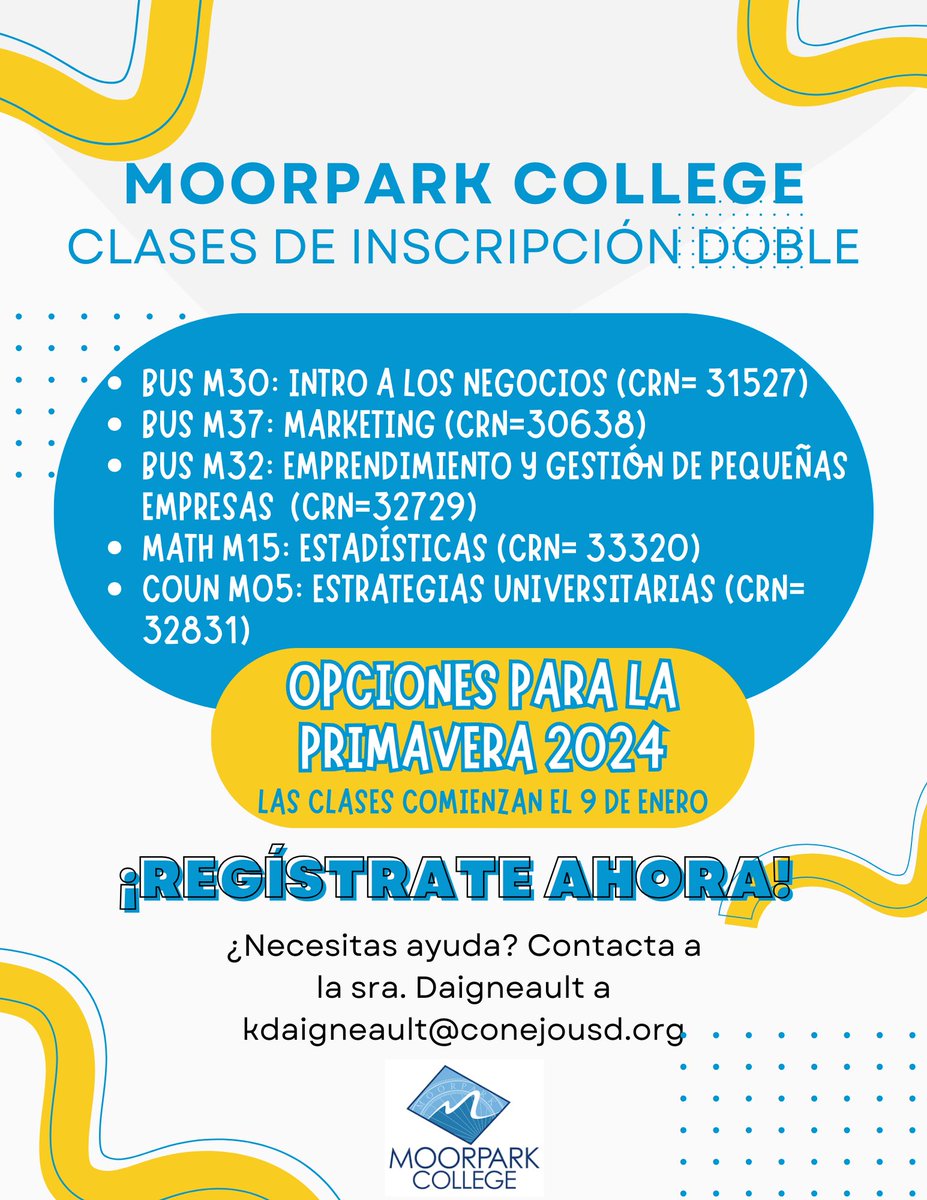 Dual Enrollment Options for Spring!  Registration begins November 16th!  Contact Mrs. Daigneault at kdaigneault@conejousd.org if you need help applying! @ewbergmann <a href="/DoliveriCVUSD/">Danielle Oliveri</a> <a href="/ThousandOaksHS/">Thousand Oaks HS</a>