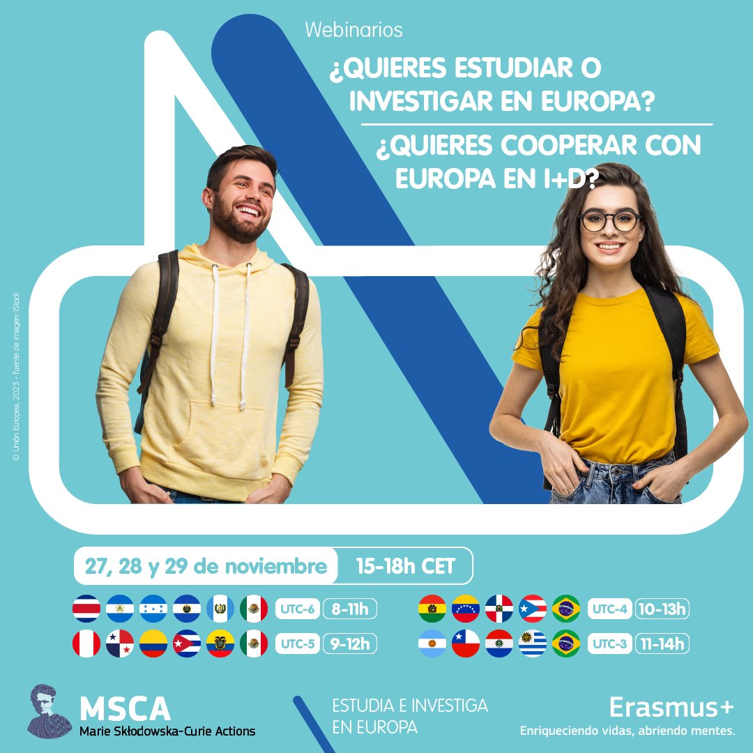 UEenEcuador's tweet image. 📣 ¡Atención! Estudiantes, investigadores y universidades

Participa en los webinarios sobre oportunidades financiadas por la #UE🇪🇺:

🗓️ 21-22/11 Reunión regional Erasmus+ y seminario LAC ➡️europa.eu/!rTC6bV
🗓️ 27-29/11 Erasmus+ y MSCA para LAC ➡️ europa.eu/!cYt69M