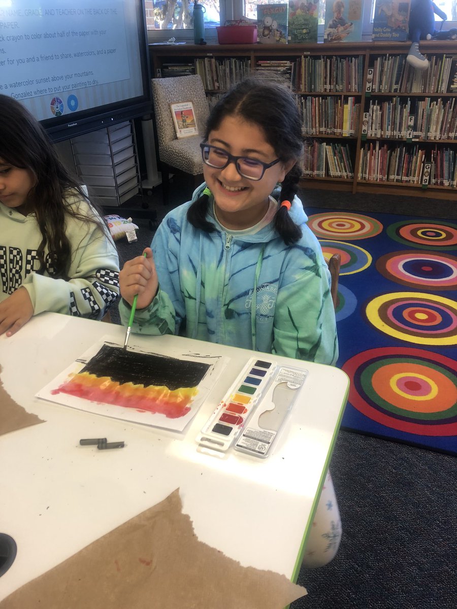 MrsGs_Library's tweet image. I love seeing their creativity shine!! After reading The Legend of the Indian Paintbrush by Tomie dePaola students created their own watercolor sunsets. Look at these beauties! @GuilfordEle #elementarylibrarian
