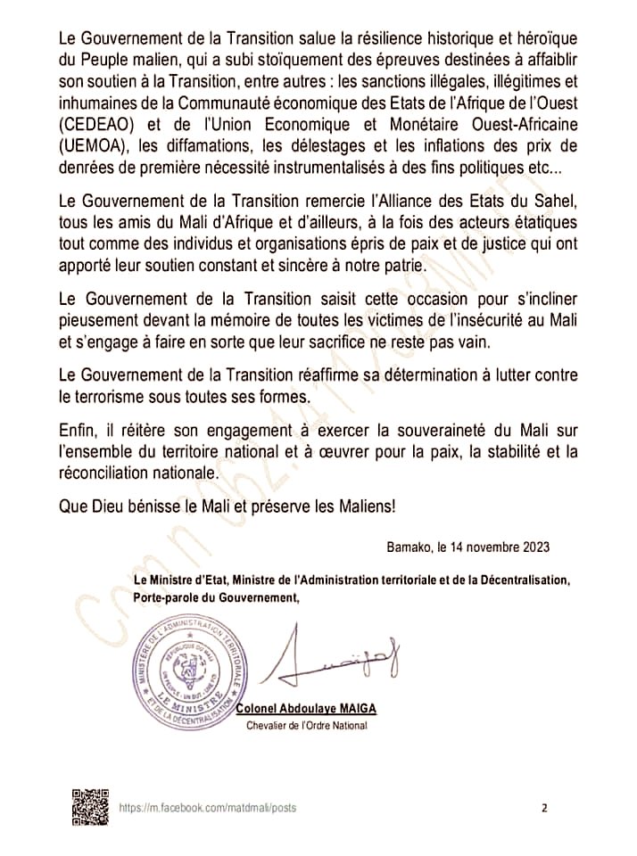 Communiqué N*062 du Gouvernement de la Transition
