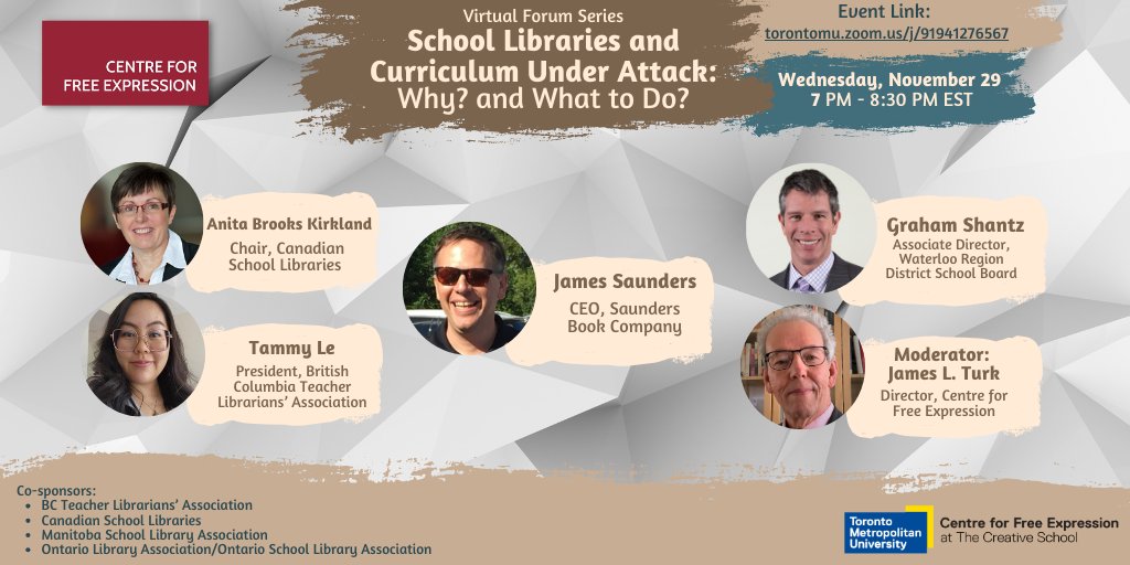 @CFE_TMU Virtual Forum: School Libraries and Curriculum Under Attack: Why? and What to Do? Wed Nov 29, 7-8:30 pm EST. Cosponsored by @bctla @_MSLA_ @oslacouncil @ONLibraryAssoc @CdnSchoolLibrar It's important and it's free! cfe.torontomu.ca/events/school-…