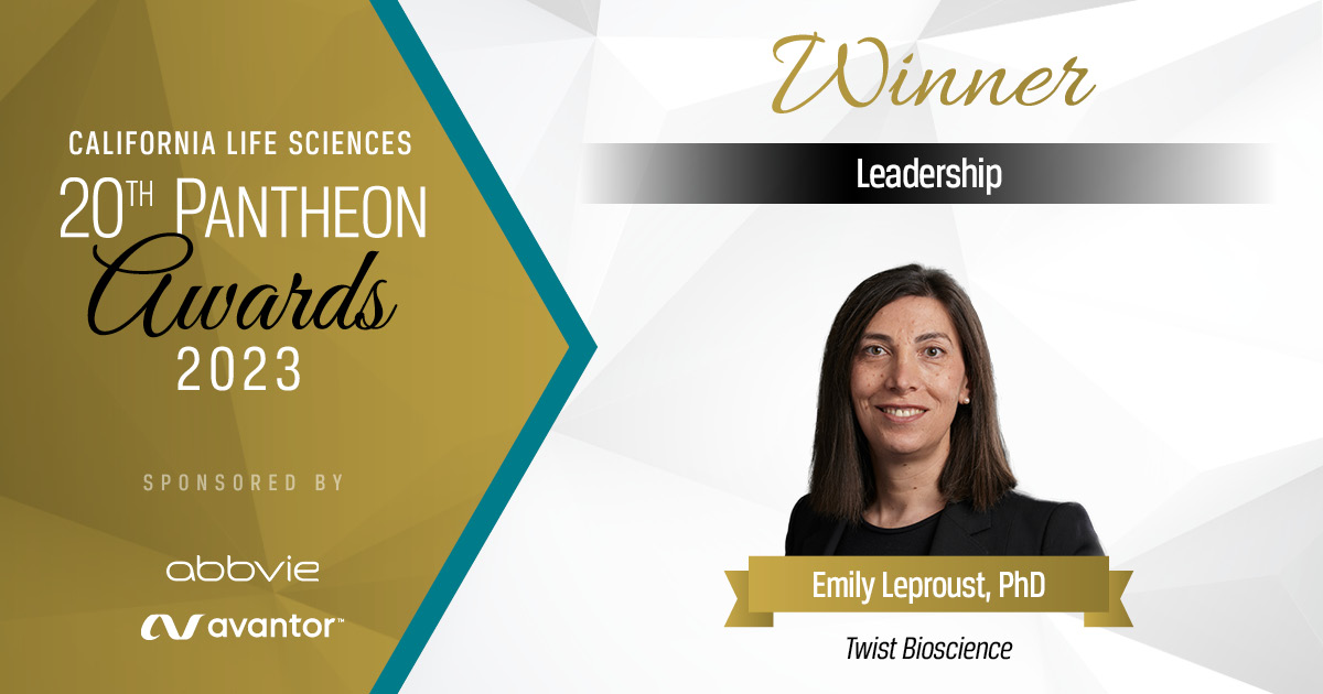 Join us in congratulating @EmilyLeproust for winning the #Pantheon2023 Leadership Award! 🎉Leproust is an early pioneer in the high-throughput synthesis and sequencing of DNA, and she's grown @TwistBioscience into a leading global company. LEARN MORE: bit.ly/49xeMX3