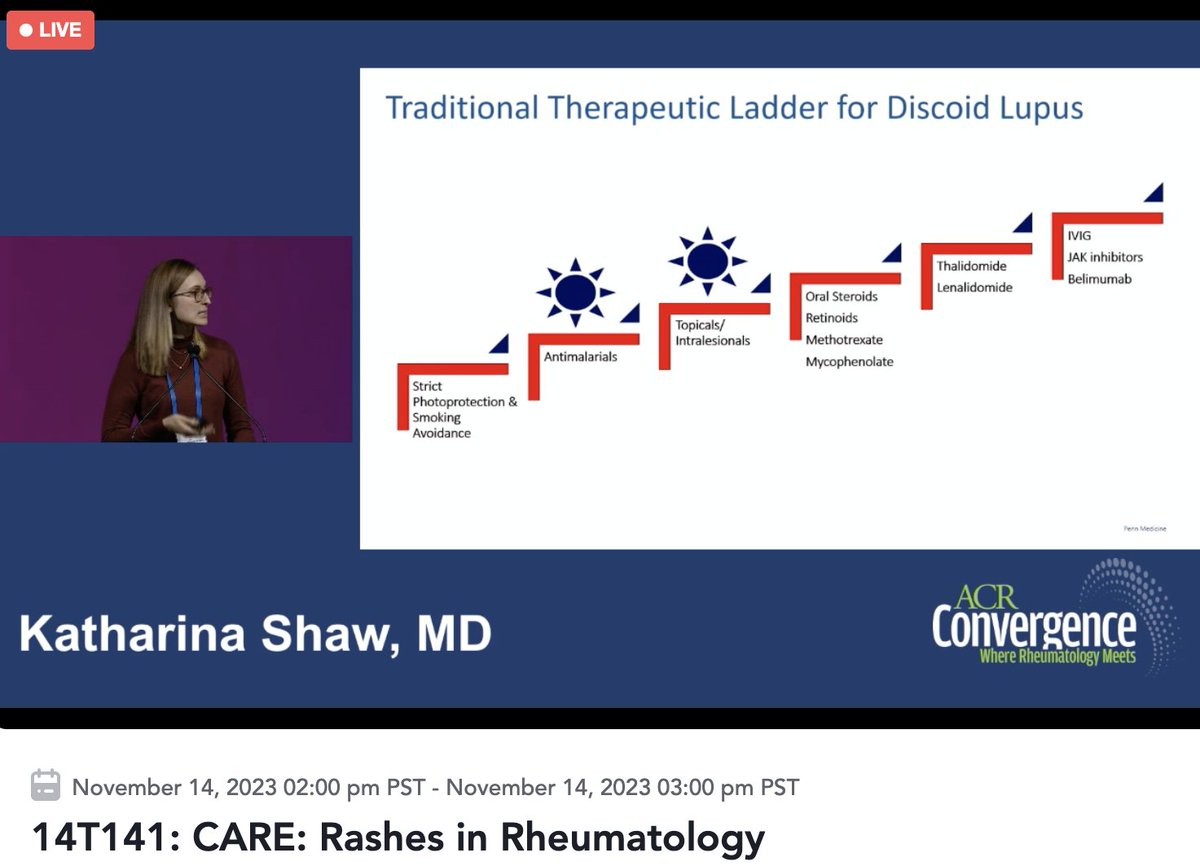 Attending #ACR23 live-streamed session on Rashes in Rheumatology. Katharina Shaw summarizes the traditional therapeutic ladder for discoid #lupus in this slide. @ACRheum @Arthritis_ARC @CherylKoehn @ArthritisSoc @LupusCanada @LupusOrg @LupusResearch @BCLupus