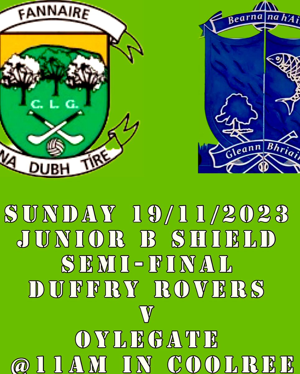 🇮🇪🇮🇪Best of luck to  our U16's 1C team in their county final &amp; our Junior B v Oylegate in sheild semi final this weekend,
As always all support welcomed for both teams 🇮🇪🇮🇪