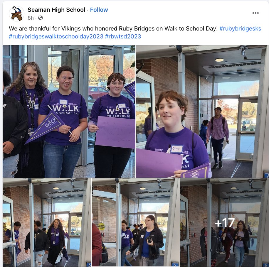 Poskin4KS's tweet photo. 1st annual Ruby Bridges Walk to School Day, Seaman HS @SeamanSchools in Topeka, KS!
#RubyBridgesKS #ksed #ksleg 💜🌻💜 https://t.co/Waqd5KJyz1