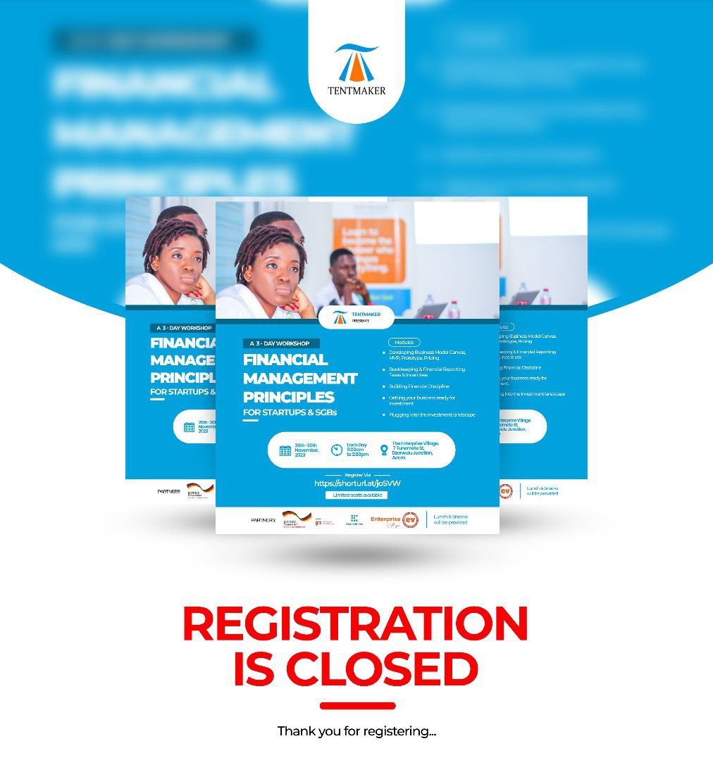 Tentmaker Hub (@tentmakerghana) on Twitter photo Thank you for registering! We will reach out to all who registered and confirm your applications after shortlisting. We look forward to an exciting 🎉workshop
<a href="/GhHubsNetwork/">Ghana Hubs Network</a>
<a href="/EVhubaccra/">The Enterprise Village</a> Thank you for registering! We will reach out to all who registered and confirm your applications after shortlisting. We look forward to an exciting 🎉workshop
<a href="/GhHubsNetwork/">Ghana Hubs Network</a>
<a href="/EVhubaccra/">The Enterprise Village</a>