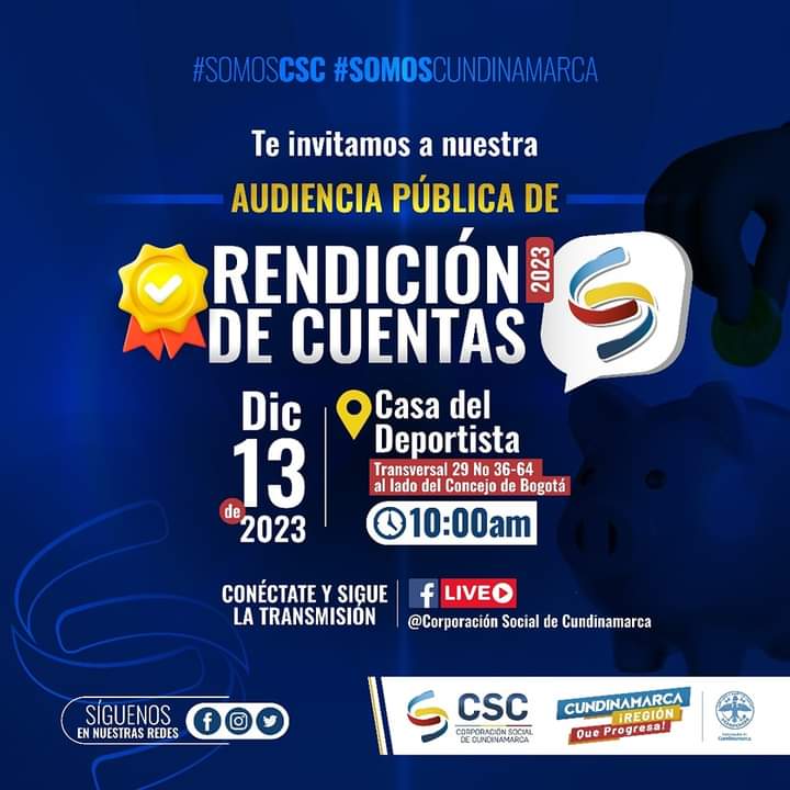 csc_corsocun's tweet photo. ✅¡Se acerca nuestra 𝗥𝗲𝗻𝗱𝗶𝗰𝗶𝗼́𝗻 𝗱𝗲 𝗖𝘂𝗲𝗻𝘁𝗮𝘀!
Prepárate y agéndate para conocer los avances y resultados de nuestra gestión en el 2023.
Queremos estar más cerca de ti!
#CSC #somoscsc #somoscundinamarca https://t.co/DhGtp2sayW