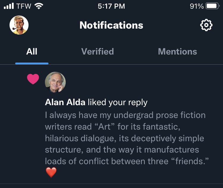 THIS is why I am still on twitter (I’ll never call it X). ⁦

<a href="/alanalda/">Alan Alda</a>⁩ just ❤️ one of my tweets. 

Social media perfection: Achieved.