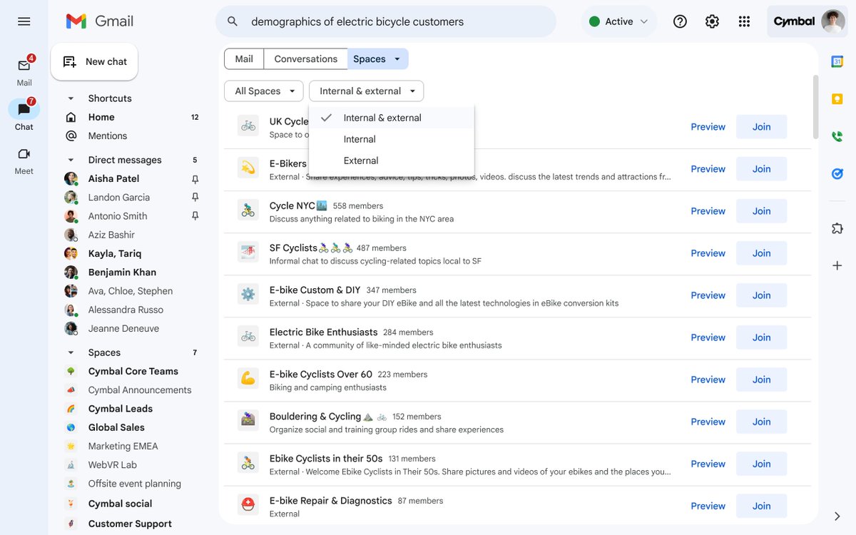 With #GoogleChat, you can find and join new spaces with a simple search. As the spaces in your organization grow, having an easy way to discover and join useful spaces is essential. Learn more → goo.gle/3QDtKSv