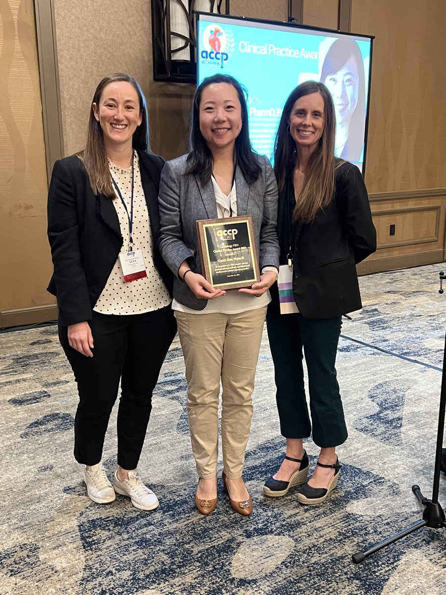 Congratulations to Crystal Zhou, PharmD, BCACP on the Clinical Practice Award! This award is presented to a member who has demonstrated extraordinary contributions to CV clinical pharmacy practice #ACCPAM23