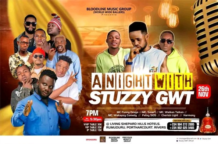 Stuzzy_Gwt's tweet photo. A NITE WITH STUZZY GWT concert, loading, it's gonna be hot as you witness life performance from your favorite artists, dancers and comedians.
#lord_stuzzy
#MusicNightOut
#IconsNight
#bloodlinemusicgroup
#achievementunlocked
#PureRules https://t.co/OaE8meXSyQ