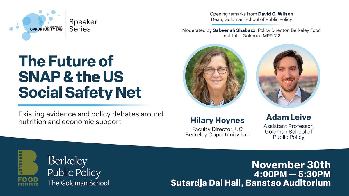#SNAP + Farm Bill reauthorization are at the center of current Congressional funding debates. What does evidence tell us about nutritional support &amp; what will the future of these programs entail?

Learn more at our Nov. 30 event: olab.berkeley.edu/olab-events/sp…