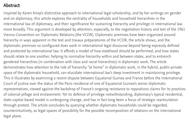 I have a new paper up on <a href="/SSRN/">SSRN</a>, forthcoming in the <a href="/UofTLaw/">Jackman Law</a> Journal: 'Rehoming Diplomacy: Privilege and Possibility in the International Law of Diplomatic Relations' papers.ssrn.com/sol3/papers.cf…