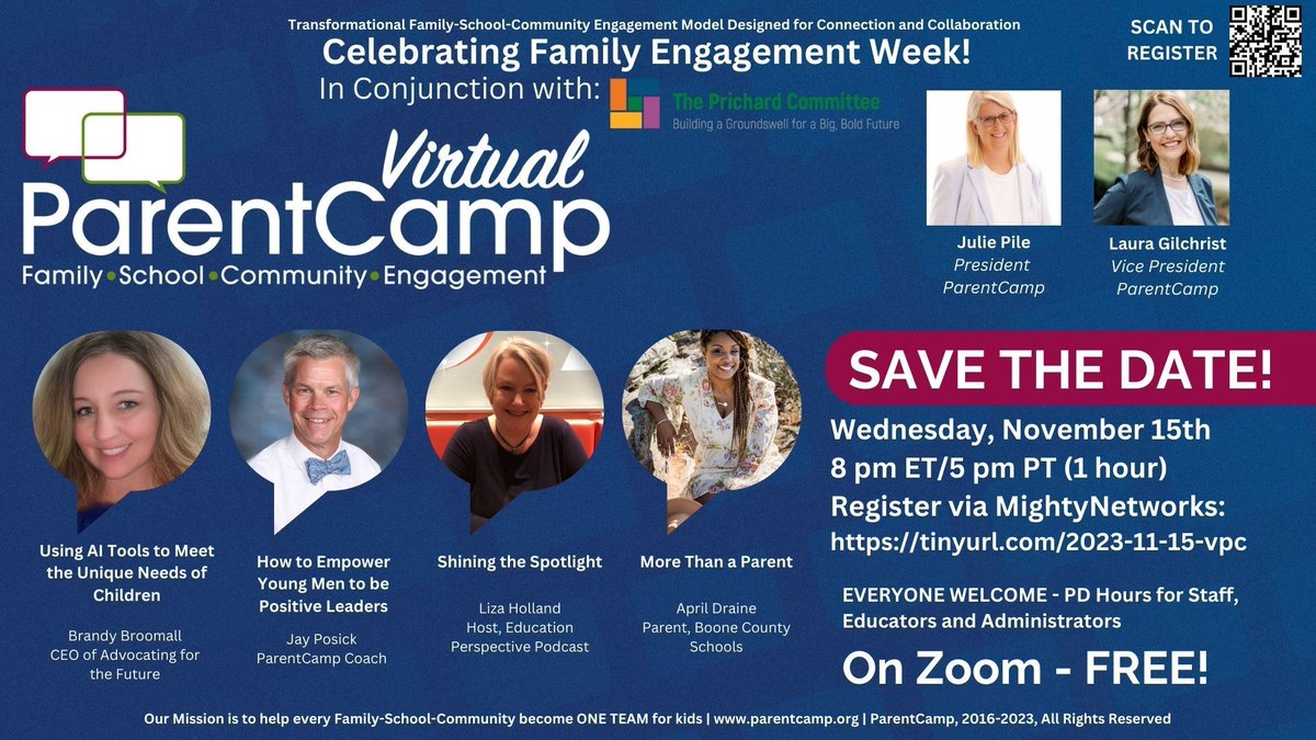 Join us for a fantastic week celebrating Family Engagement w/@PrichardCom during Virtual #ParentCamp! Exciting discussions await starting November 15. Registration now open: buff.ly/3SWVHrB #KYFamEngage2023 @DrBillRobertson @jennifer_blaine  @DrKevinJSmith95 @NASDSuper