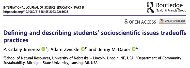 JennyDauer's tweet photo. All your questions answered about how to think about students thinking about socioscientific issues tradeoffs. Great to have this one in the books #IJSE! @CitlallyCiencia @AdamZwickle
https://t.co/XGkhl8X3sf https://t.co/w3Zr5VKH3K