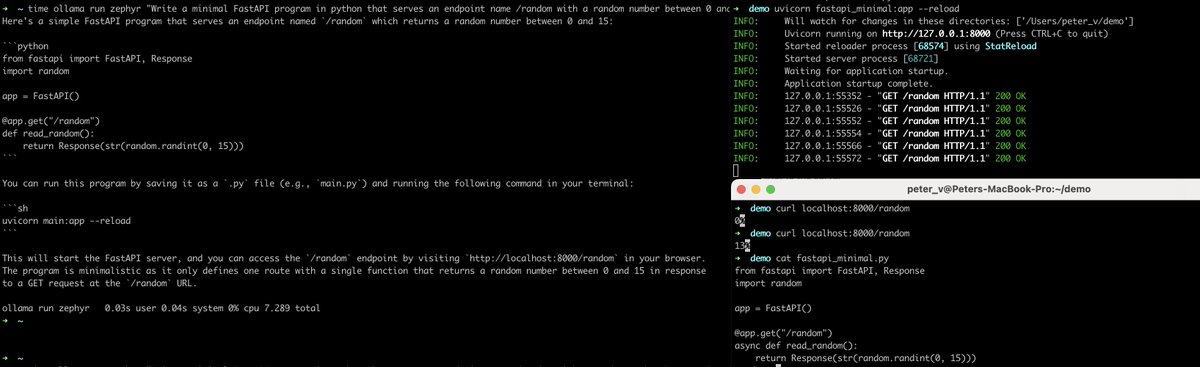 peter_v's tweet photo. A quick try with "Zephir 7B", entirely _locally_ on Mac M1. In 7 seconds, I get some usable example code for a minimalistic demo FastAPI program. Would be nice to couple this to my IDE, to allow _local_ code hinting, without leaking (customer) source code to a GPT provider. #LLM https://t.co/LqiU3unJqY
