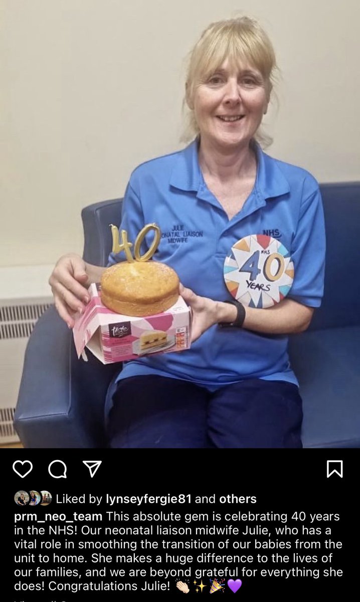 Celebrating 40 years in the NHS. Our Julie neonatal liaison midwife, has a vital role in smoothing transition of our babies from the unit to home. She makes a huge difference to the lives of our families &amp; we are beyond grateful for everything she does. congratulations Julie 🤗