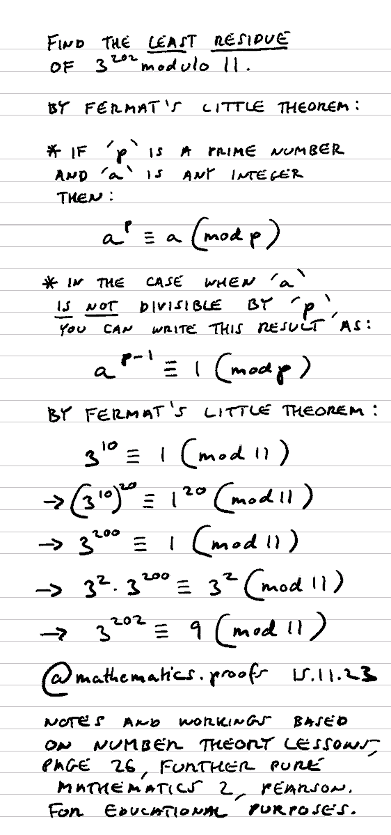 tiago_hands's tweet image. Find the least residue of 3²⁰² modulo 11. #furtherpuremaths #modulararithmetic #fermatslittletheorem #clockarithmetic