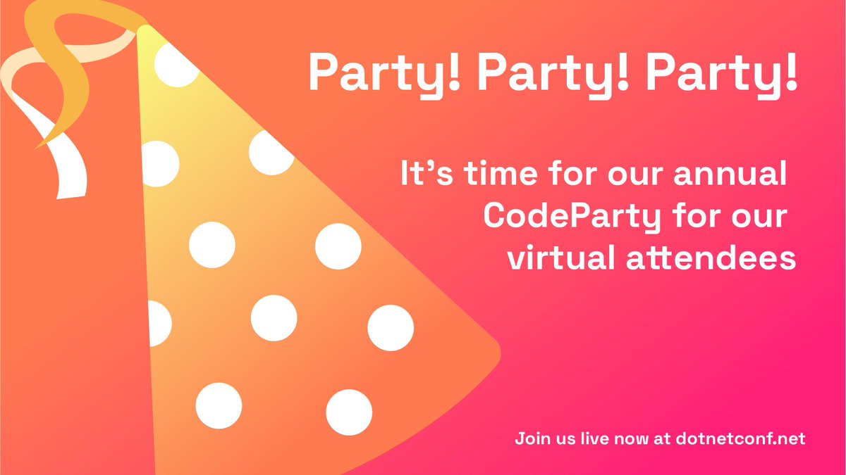 dotnet's tweet image. PARTY‼️ PARTY‼️ PARTY‼️
Join @CSharpFritz, @DDskier, @SFaatz and more special guests for our attendee party for some fun and prizes to be given away from our sponsors.
Join the party LIVE‼️ 👉 msft.it/60149CWJE 👈
Follow the news. ➡️ #dotNETConf ⬅️