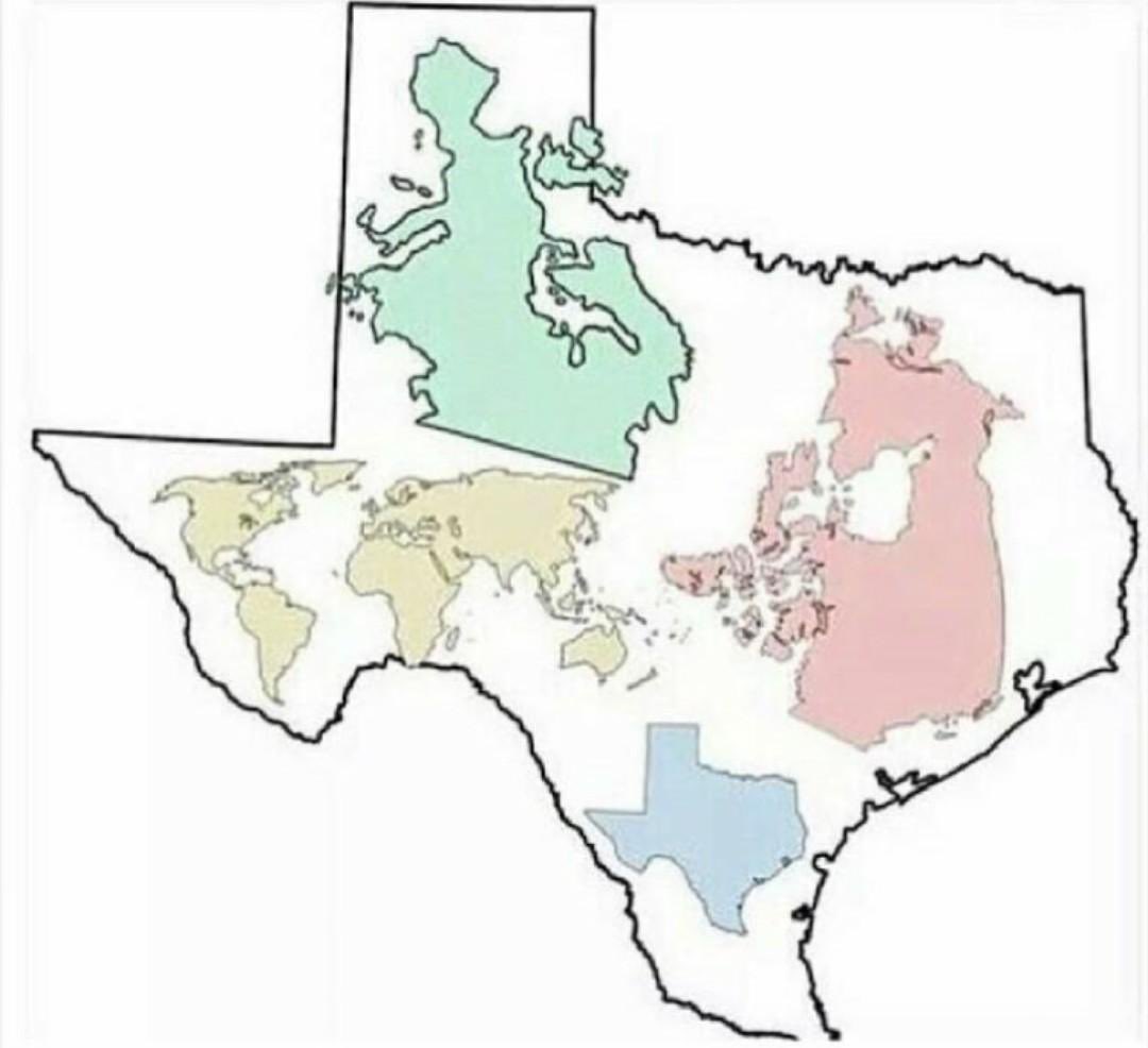 TheAlmightyKrog's tweet photo. @EnderSquid13 @DownToBiscuits @cszabla I mean you can know something without truly understanding it. Like I’m sure you know Texas is big but did you know it was THIS big? https://t.co/qYtEaEHnAv