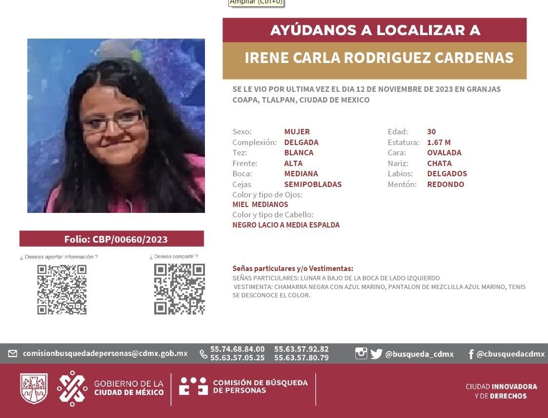 MetroCDMX's tweet photo. Si tienes información para localizar a Irene Carla Rodríguez Cárdenas, comunícate a la Comisión de @busqueda_cdmx mediante los siguientes números telefónicos: 

55 6357 8079, 
55 6357 9282, 
55 6357 0525, 
55 7468 8400 https://t.co/6tmMME9vwR
