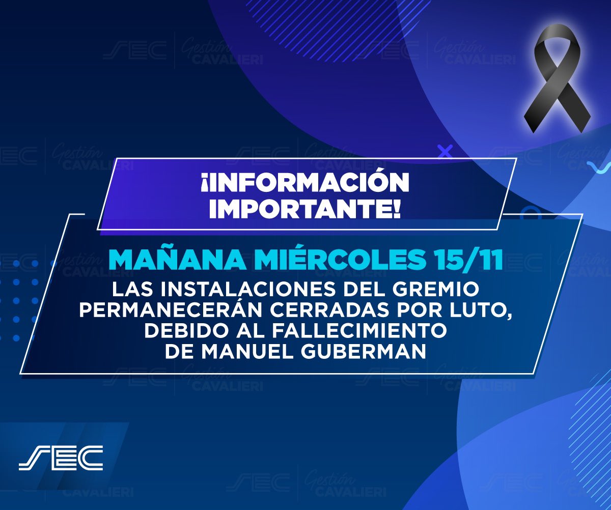 ¡INFORMACIÓN IMPORTANTE!

Mañana miércoles 15/11 las instalaciones del gremio (exceptuando Parque Norte y el Ateneo de la Juventud) permanecerán cerradas por luto, debido al fallecimiento de Manuel Guberman.