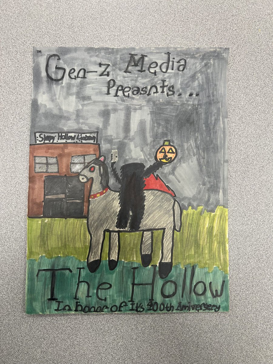ms_storto's tweet photo. The grade 4/5s spent the month of October listening to and examining The Hollow Podcast based on the tale of the Headless Horseman. To consolidate the unit, students created posters promoting the podcast. A super engaging listen, especially leading up to Halloween! @StStephenCES https://t.co/KblccZDW4d
