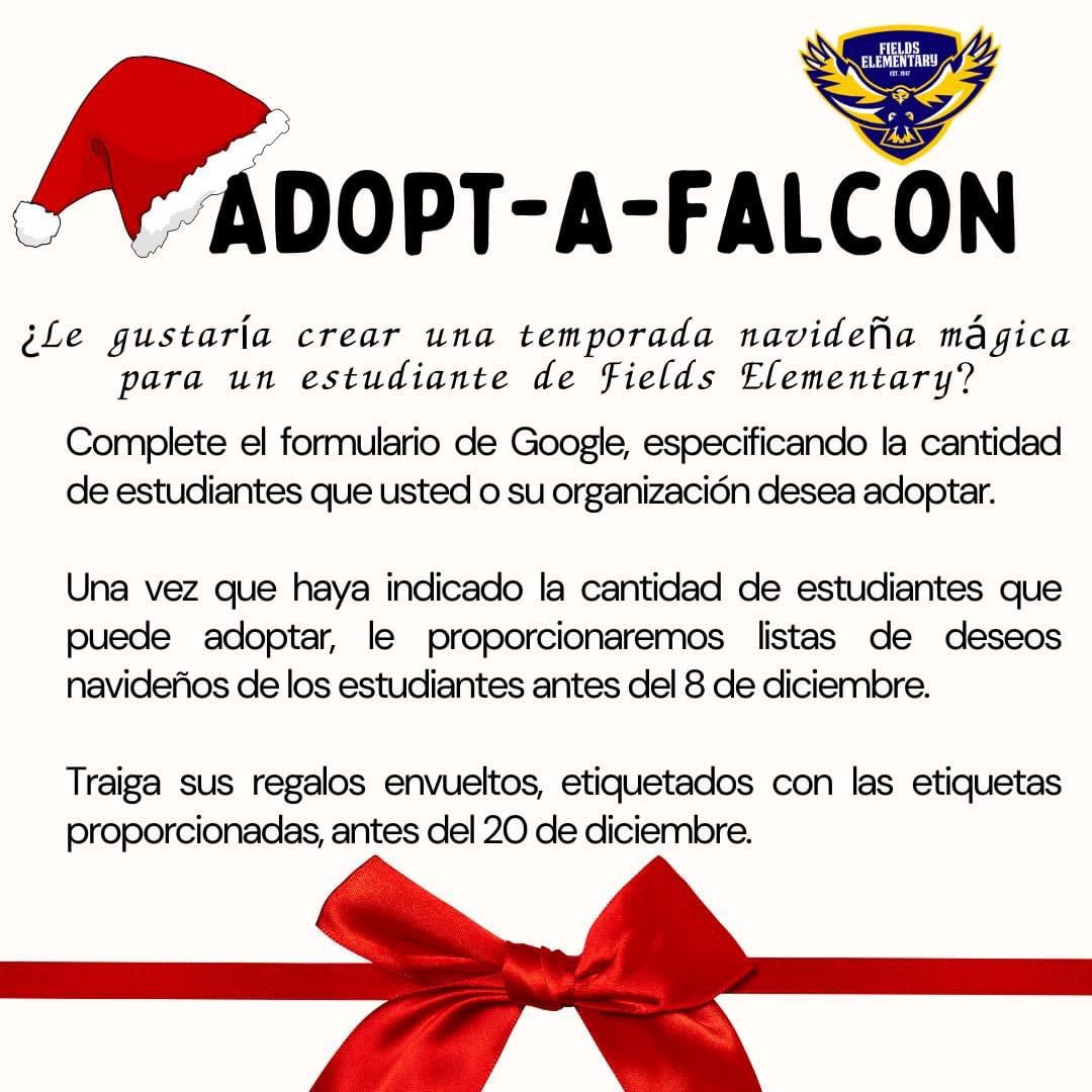Would you like to create a magical holiday season for a Fields Elementary Falcon student? Consider adopting a Falcon! Fill out this Google Form to adopt a Falcon: forms.gle/rUiDuiDcq266mt… ❤️ #mcallenisdgratitudesnaps #AdoptAFalcon 🎅🏽