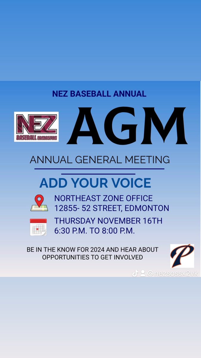 Don’t forget to mark your calendar!  Hope to see you there!  #addyourvoice #agm2024 #nezbaseball #padres #annualgeneralmeeting #markyourcalendars #beintheknow