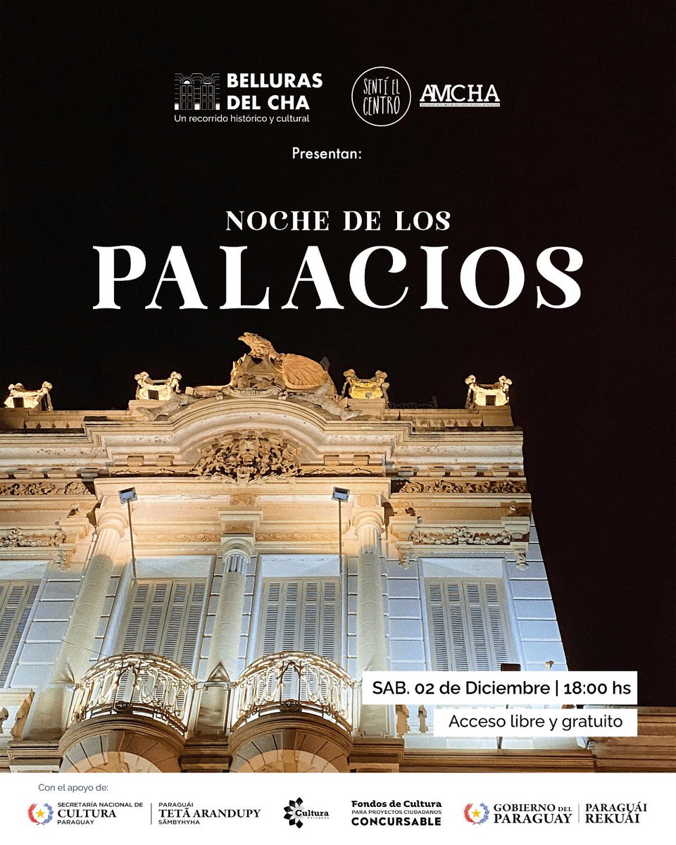 SUBO TAMBIÉN ACÁ, porque siento que les debo la info. 

LANZAMOS LA ✨✨ NOCHE DE LOS PALACIOS ✨✨ 

Una actividad diseñada por BELLURAS del CHA en conjunto con varias organizaciones 🏛️✨🙌🏼

SÁBADO 2 de DICIEMBRE
De 18 a 23 hs

Actividad libre y gratuita !