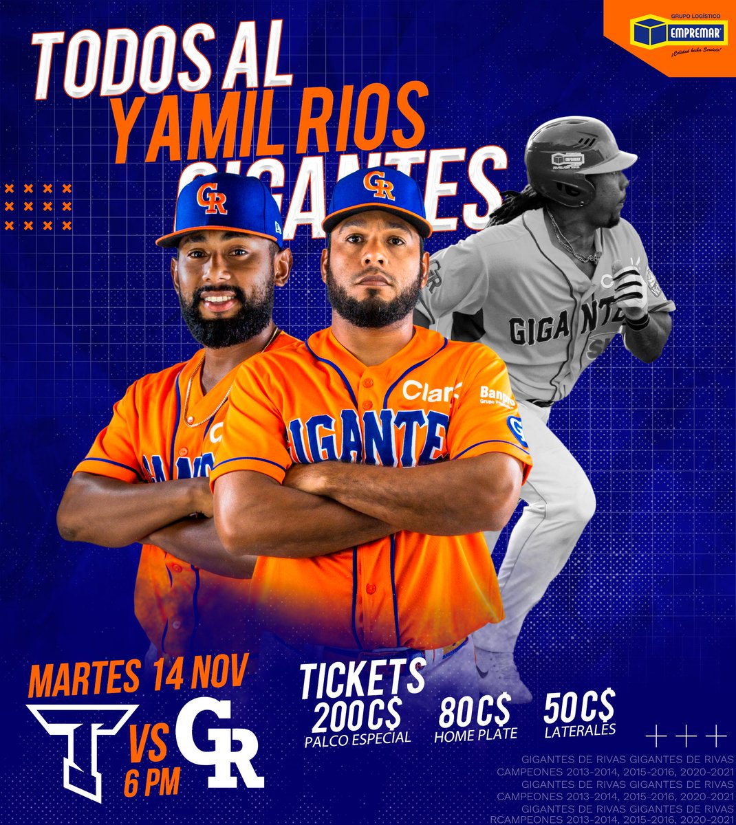 ¡TODOS AL ESTADIO! 

Hoy recibimos a los Tigres de Chinandega a partir de las 6:00 🕕 p.m. La serie con ellos está 1-0 a nuestro favor. 

La taquilla estará abierta desde las 4:00 🕓 p.m. Vamos equipo, a mantener el invicto en casa. Juntos #SomosGigantes #RivasEsGigante