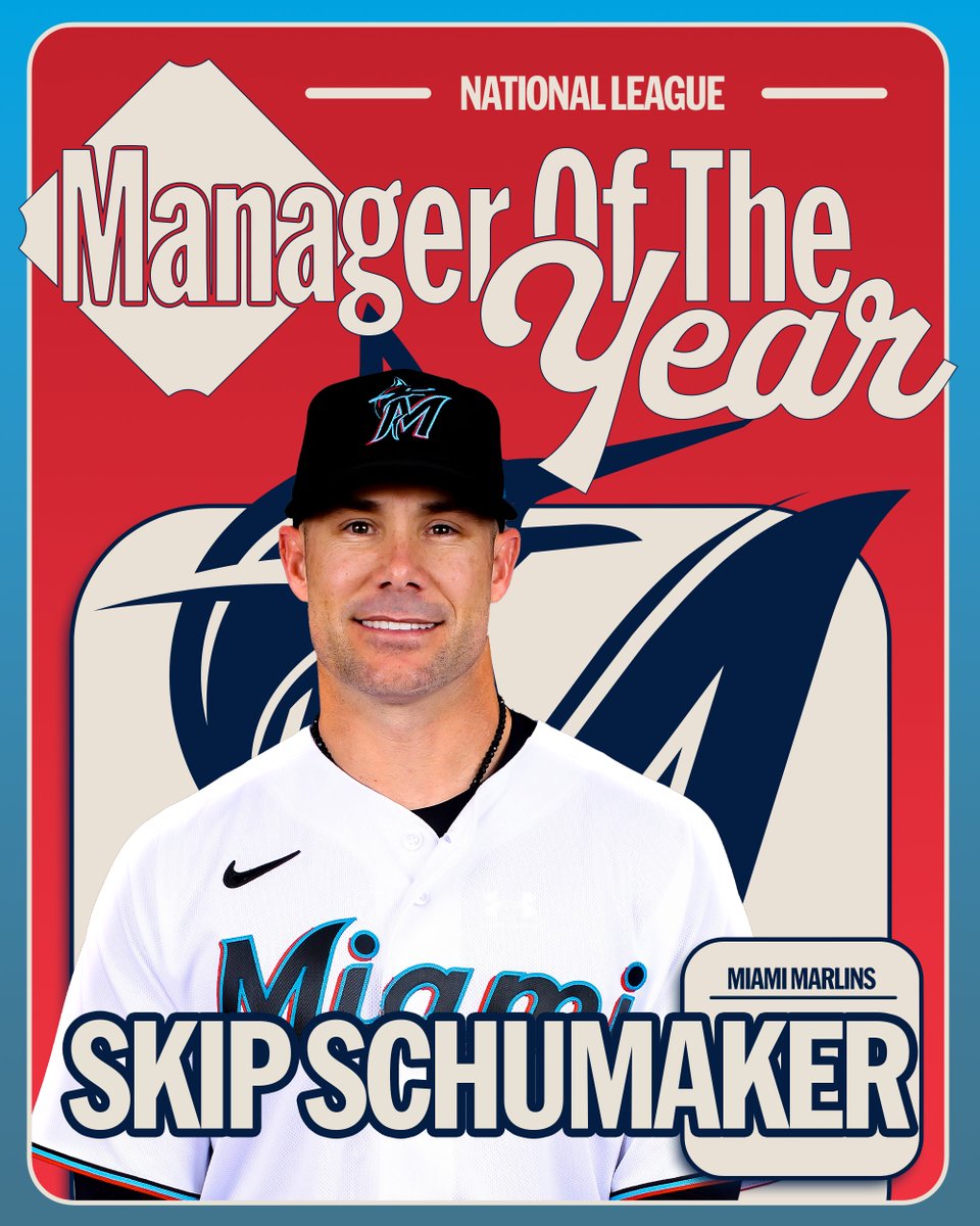MLB (@mlb) on Twitter photo The NL Manager of the Year Award winner is Skip Schumaker of the Miami <a href="/Marlins/">Miami Marlins</a>! The NL Manager of the Year Award winner is Skip Schumaker of the Miami <a href="/Marlins/">Miami Marlins</a>!