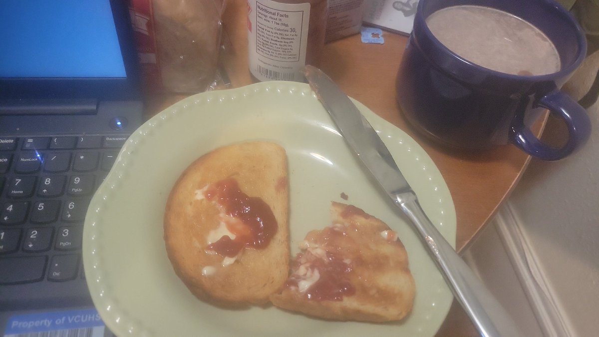 GallifreysMWPod's tweet photo. Yummy cherry apple butter and butter on rye toast and a hot chocolate. I am going enjoy them and read a couple a comic. #MarvelTwoinOne #TheThing #Golem https://t.co/bRK0yZnJX8