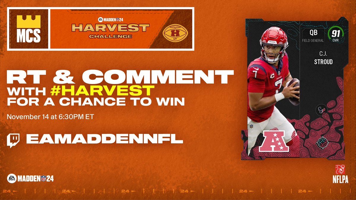 MUTdotGG's tweet photo. 🚨 We're giving away a 91 OVR @CJ7STROUD in MUT!

-RETWEET and COMMENT #Harvest for a chance to win! We'll DM one winner later tonight. 📨

Broadcast starts at 6:30PM ET:
https://t.co/pV2XF0KVsW 
👆 https://t.co/zbUlwDrvTh