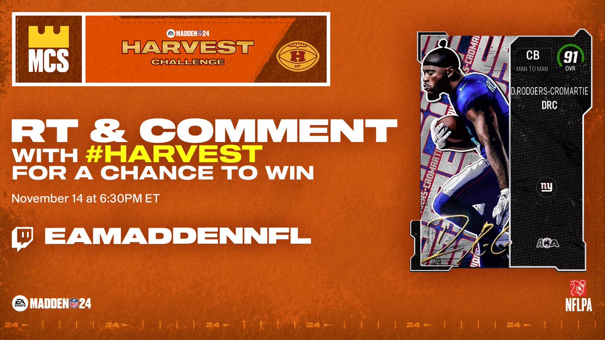 EAMaddenNFL_MCS's tweet image. RT &amp;amp; Comment with #Harvest for a chance to win a DRC for your @EASPORTS_MUT team 🦃 

Include who you rooting for in your comment for a chance to see your tweet on tonight's MCS broadcast 📺 

Live at 6:30PM ET: twitch.tv/eamaddennfl