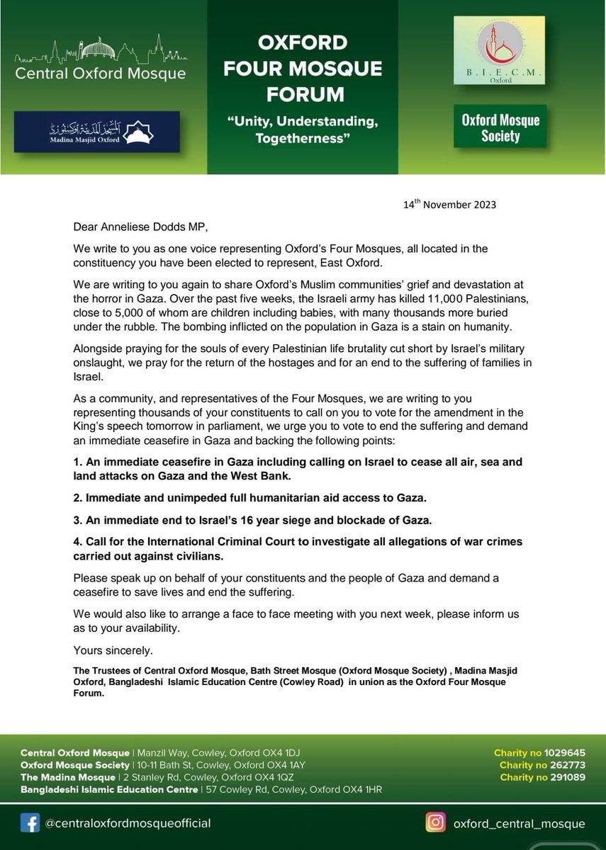 shaistaAziz's tweet photo. #Oxford Four Mosque Forum calls on Oxford East MP Anneliese Dodds to vote for the amendment in the #KingsSpeech and call for #CeasefireNOW. 

‘Please speak up on behalf of your constituents and the people of #Gaza and demand a ceasefire to save lives and end the suffering.’ https://t.co/BTP5dAlfh5