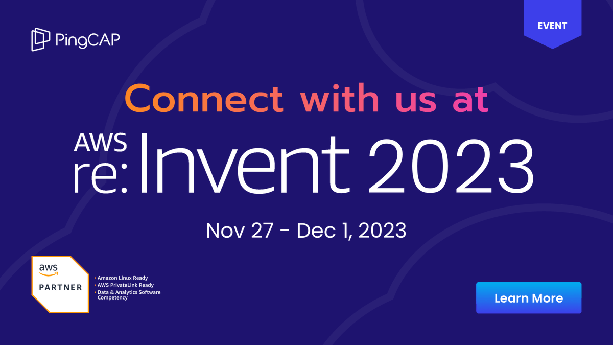 golangwink's tweet image. AWS re:Invent 2023 is right around the corner, and PingCAP will be right in the heart of the action from November 27th to December 1st in Las Vegas!

Find us at Booth 1032! Let&apos;s make this event unforgettable! 🚀

 #AWSreInvent2023 #DatabaseScaling app.marketbeam.io/u/alXp7J