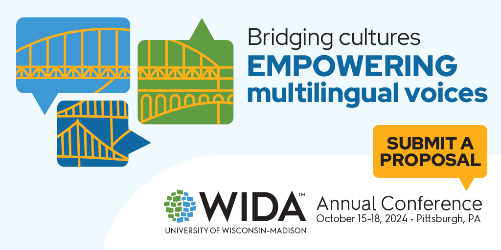 It’s time to.... submit a proposal for the 2024 WIDA Annual Conference! ⏰  

Share your expertise as a presenter at the conference that is by teachers, for teachers! The deadline to submit proposals is Jan. 24, 2024. Learn more on the #WIDA2024 website: events.wida.us