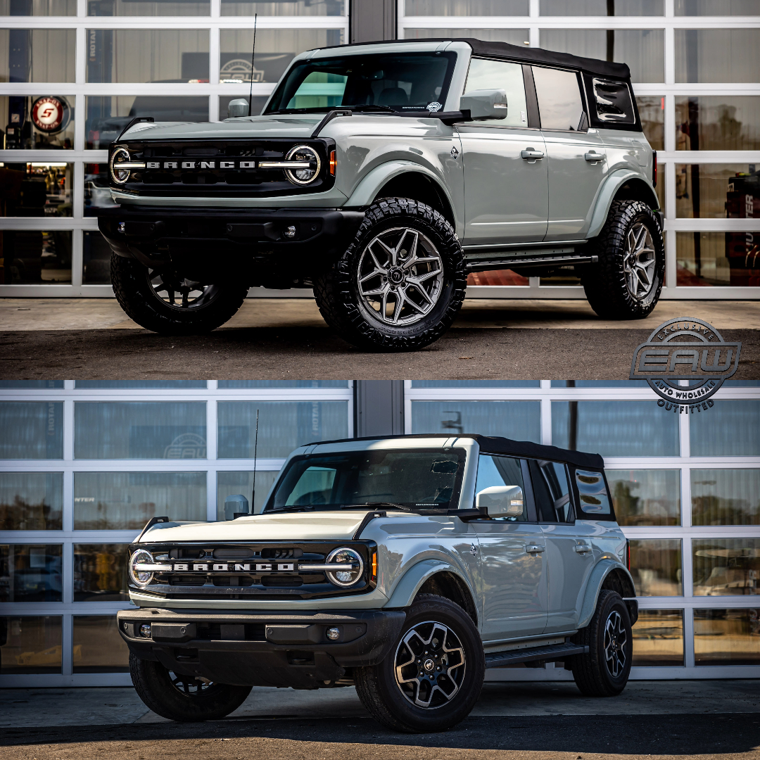 EAWCARS's tweet photo. New Arrival!! 2021 Ford Bronco Outer Banks 🔥 Before &amp; After in house build by @eaw_outfitted Amazing what a Lift, Wheels &amp; tires can do for the look of a stock #bronco @nittotire @fueloffroad https://t.co/ac3fP8aRKz https://t.co/VMYaDRVcjn