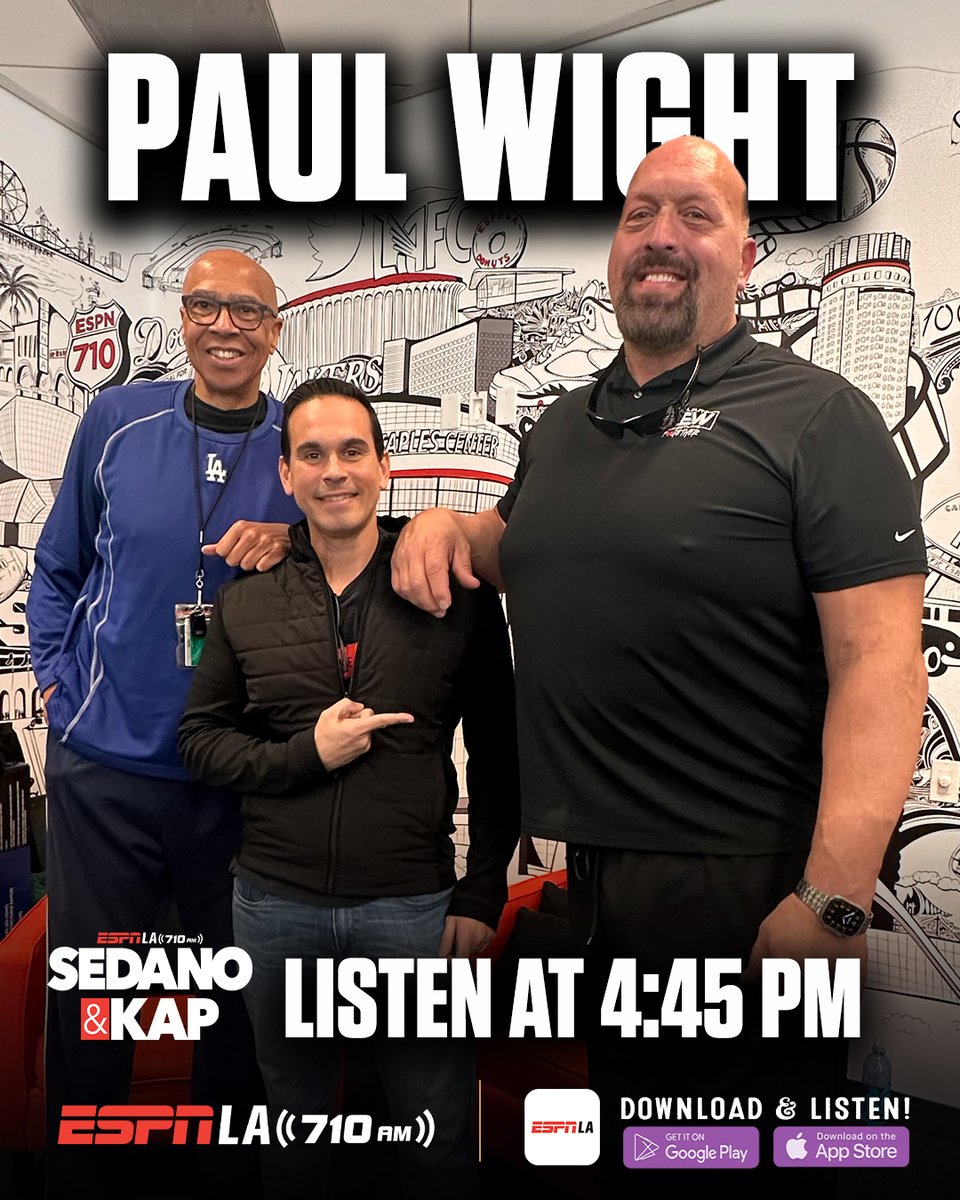 It doesn't get any BIGGER than this - @PaulWight shows out for @Sedano & @champagnennuts! Tune in to the @AEW star on Sedano & @ScottKaplan starting at 4 PM #AEWCollision 📲: ESPN LA app 📻: 710 AM 📺: YouTube.com/ESPNLA