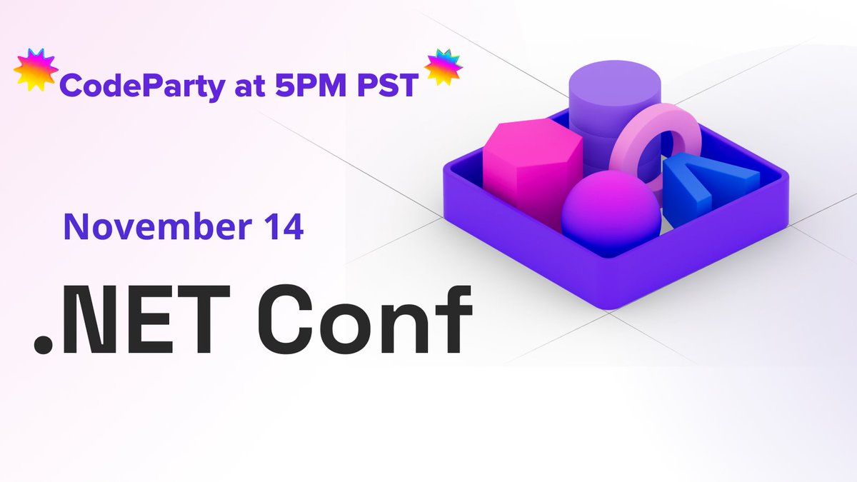dotnetfdn's tweet image. 🎉 Join us for tonight's #CodeParty after the final .NET Conf session! 🕹️ Geeky games, 🎁 awesome prizes, and great company await. Stay on the livestream for fun & surprises! #DotNetConf 🚀👾
5PM PST at hubs.li/Q028TRvX0