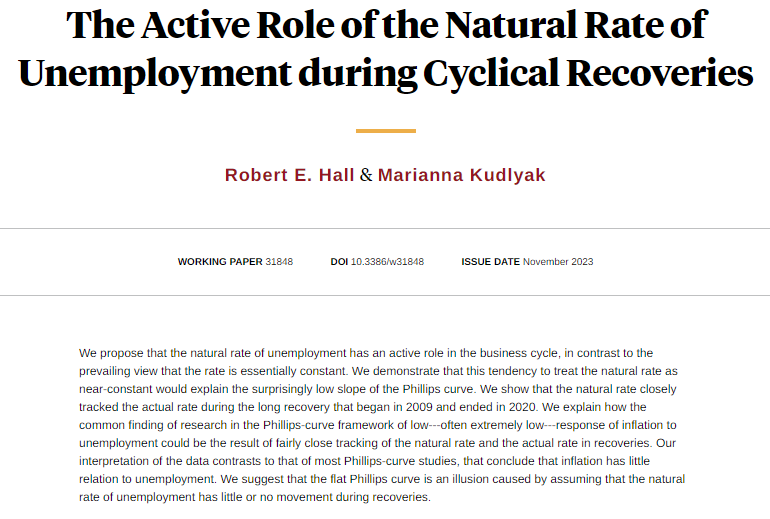 The gap between the actual and the natural unemployment rates —inflation pressure — stays close to zero during recoveries, with actual unemployment tracking natural unemployment, from Robert E. Hall and @MariannaKudlyak nber.org/papers/w31848