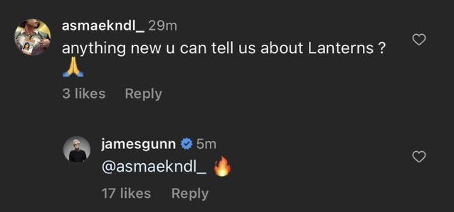 terralandia's tweet photo. James Gunn foi perguntado sobre #Laternas e ele respondeu ''🔥''

Lanternas ganhará informações em breve provavelmente. https://t.co/uIPMY1Mm4p